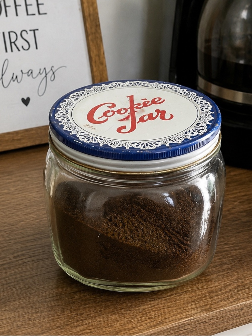 Cookie Jar Glass Canister with Blue and White Lid